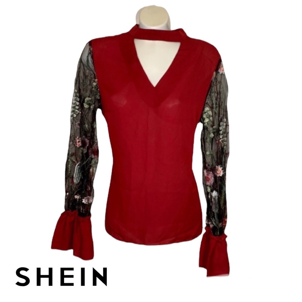 Shein Red Shirt with Floral Lace Sleeves